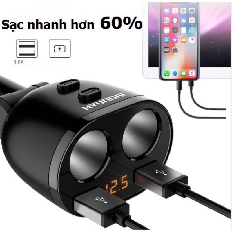 Tẩu Chia Sạc Xe Hơi Ô Tô 2 Nguồn - 2 Usb Có Báo Điện Áp