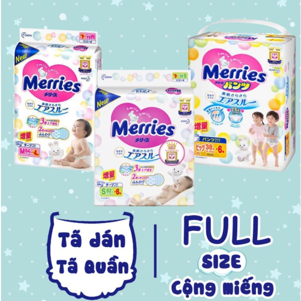 [CỘNG MIẾNG] Tả Bỉm Dán / Quần Merries Nội Địa Nhật Size NB90+6/S82+6/M64+4/L58+4/L44+6/M58+6/L44+6/XL38+6/XXL26+2