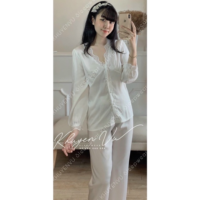 [Siêu hot] Đồ bộ pijama mặc nhà LỤA LATIN cổ V đắp ren tay dài phồng cao cấp chuẩn QCCC
