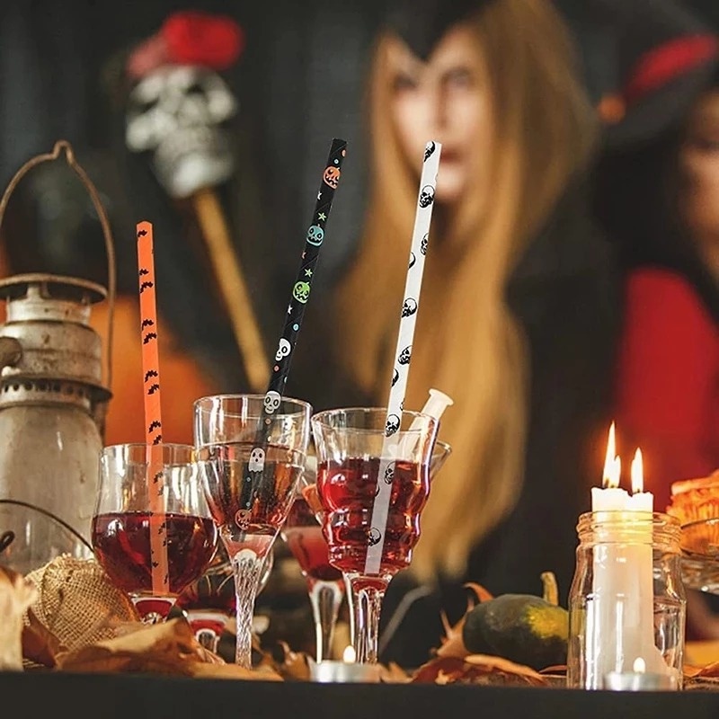 Set 25 Ống Hút Giấy Họa Tiết Halloween Kinh Dị Có Thể Phân Hủy