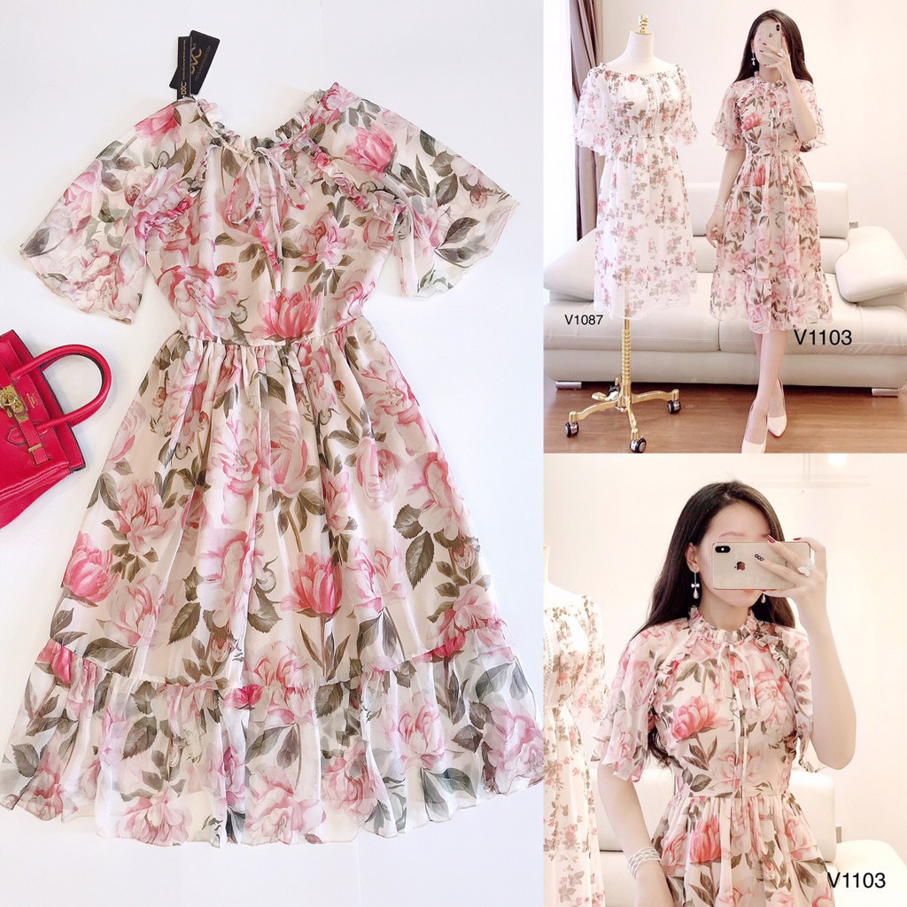 [ xả kho ] MiD Đầm hoa tay dơi V1103 Mie Design ảnh thật