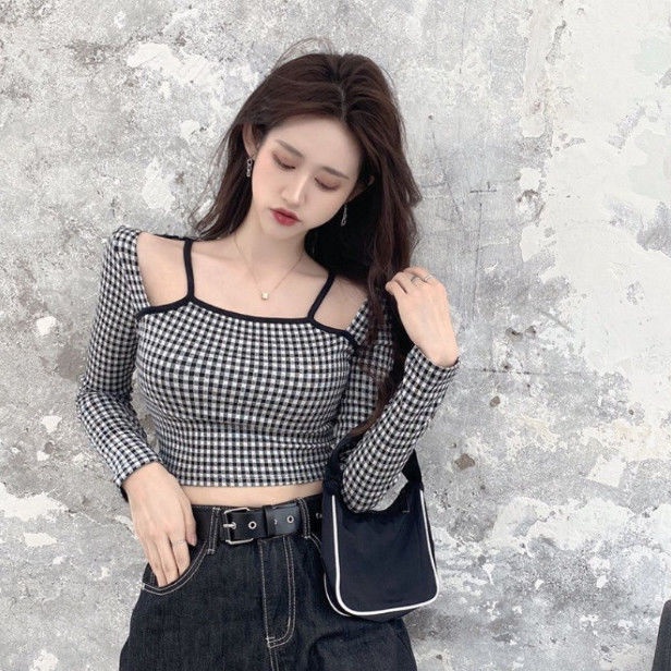 Áo thun tay dài cổ vuông họa tiết sọc caro thời trang Hàn Quốc cho nữ