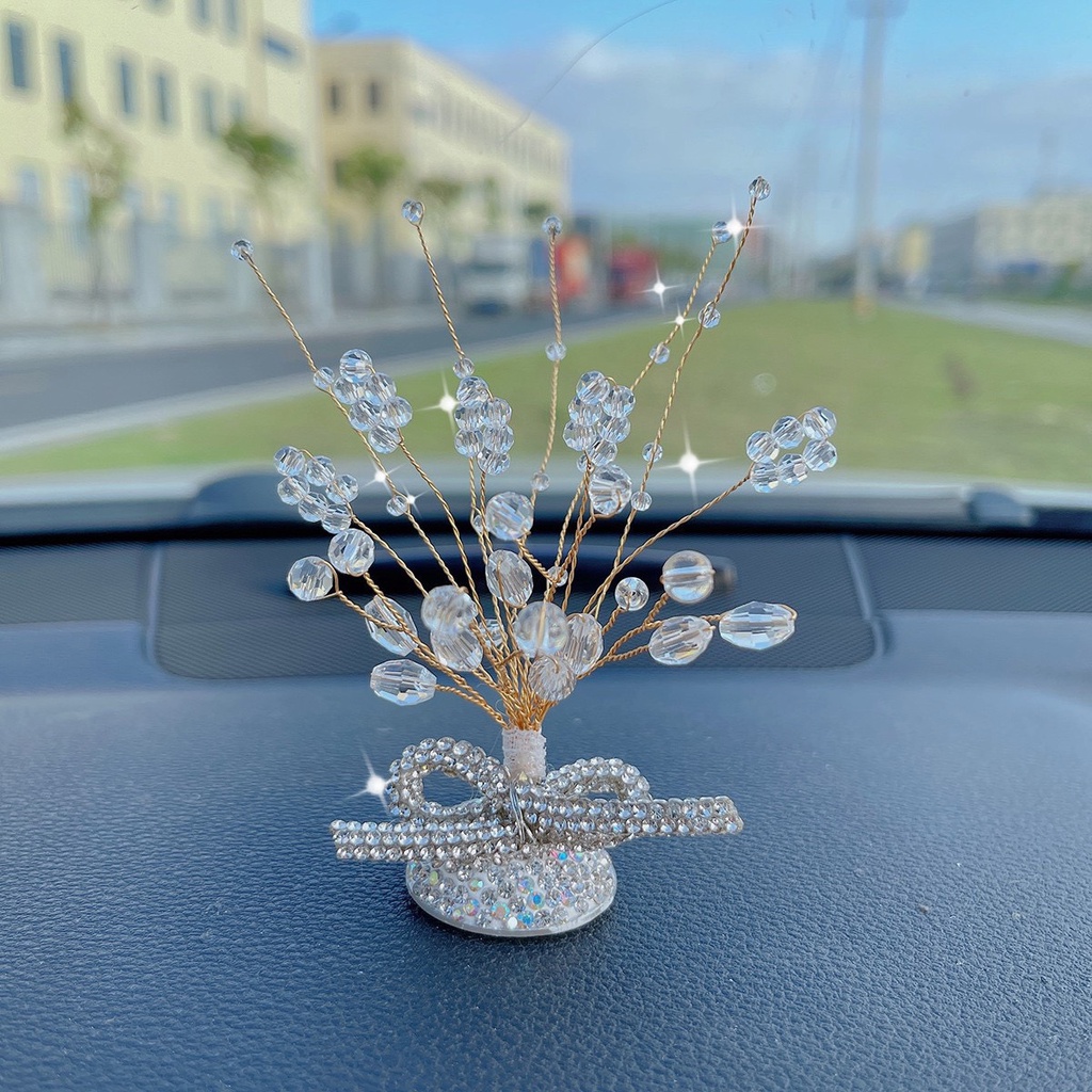 Lọ hoa thủy tinh đính đá nơ decor taplo xe ô tô - Phụ kiện decor taplo xe hơi