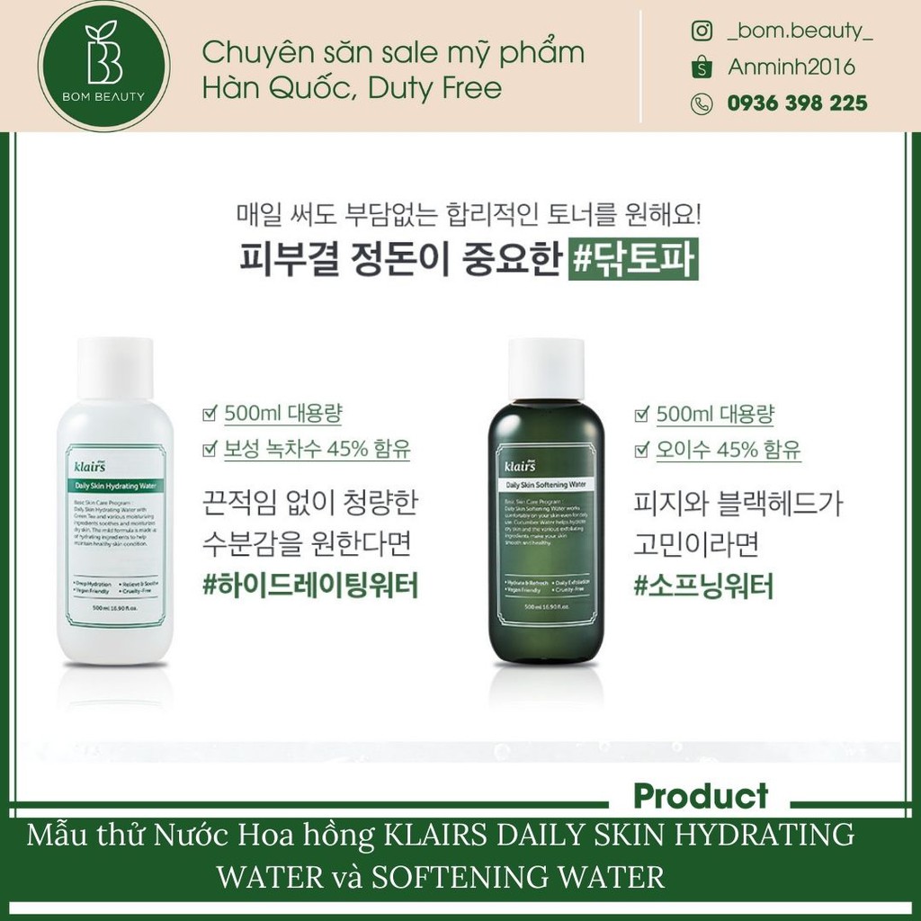 (#Klairs) Mẫu thử Nước Hoa hồng KLAIRS DAILY SKIN HYDRATING WATER và  SOFTENING WATER