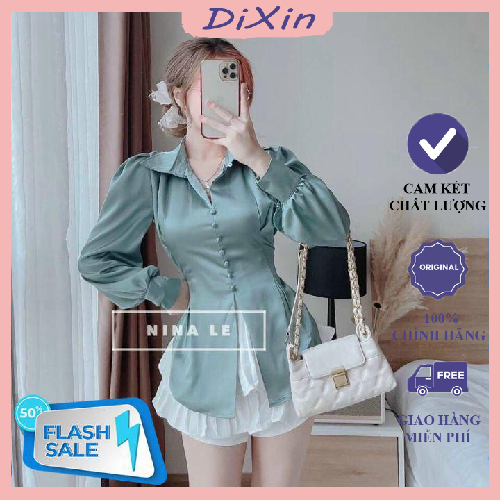 Áo Kiểu Nữ Sơ Mi Tay Dài Đính Nút Bọc Vải Sẻ Vạc Thắt Nơ Sau Chất Lụa Bóng
