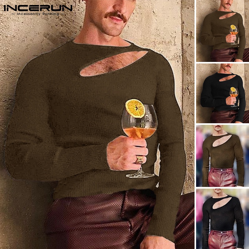 Áo dệt kim INCERUN thời trang nam tay dài ôm dáng khoét lỗ