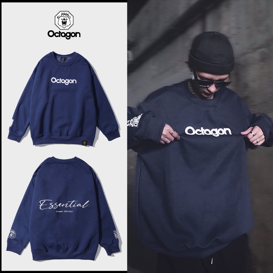 Áo Sweater Form Rộng OCTAGON ESSENTINAL Nỉ Bông Màu Xanh Navy