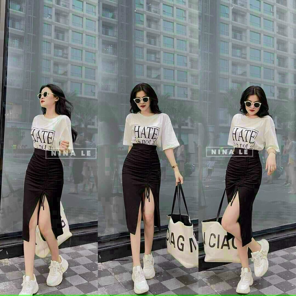 Set đồ nữ chân váy rút và áo trắng ngắn tay in chữ sành điệu