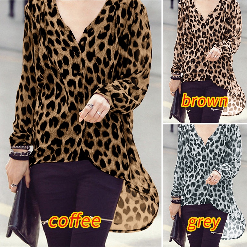 Áo sơ mi nữ Zanzea cổ chữ V tay dài họa tiết da báo thời trang