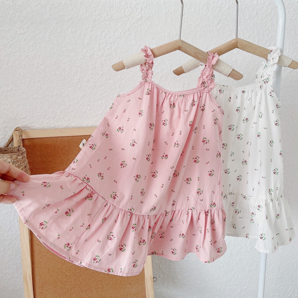 Váy hè 2 dây nhún bèo chất thô hoa cho bé giá 2-7 tuổi (Mã 080)