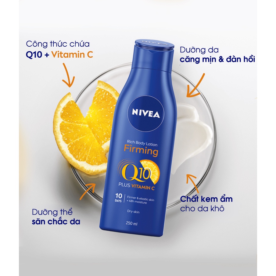 [TOP 1 SHOPEE] Dưỡng thể trắng da mờ thâm nám da khô Nivea Rich Body Lotion Firming Q10 + Vitamin C Dry Skin (Bill Anh)