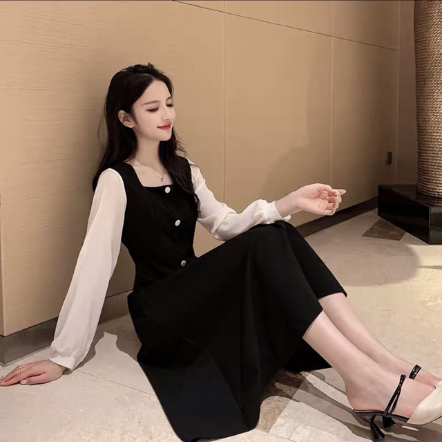 [ Mã FAMAYWA2 giảm 10K đơn 50K] đầm dáng suông tay dài cổ vuông đính nút | BigBuy360 - bigbuy360.vn
