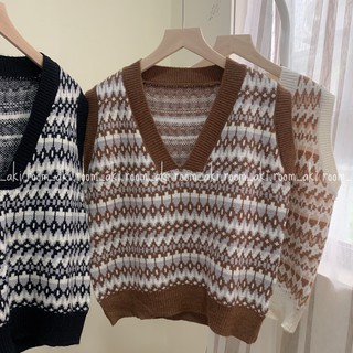 Áo gile len lông họa tiết thổ cẩm cổ V chất mềm