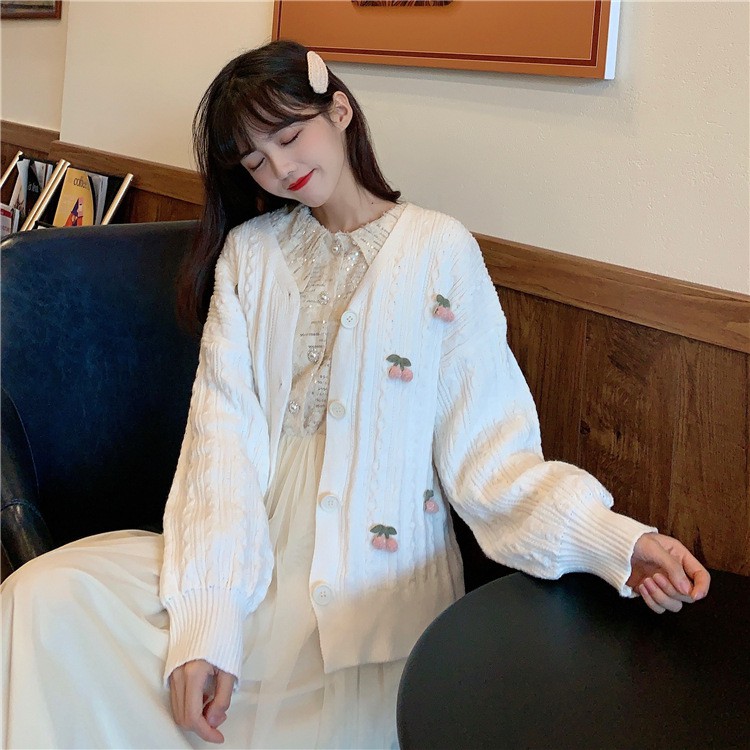 Áo len Quảng Châu nữ Cardigan phối hoạ tiết Cherry siêu sinh C027