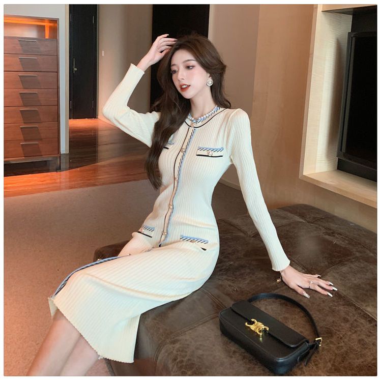 Đầm dệt kim thiết kế ôm vừa vặn thời trang mùa thu đông kiểu Pháp cho nữ