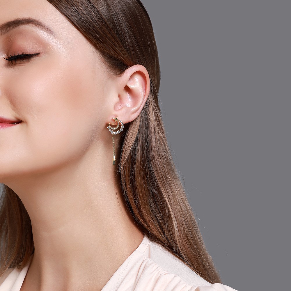 Moon And Star Shaped Metal Earrings With Diamonds