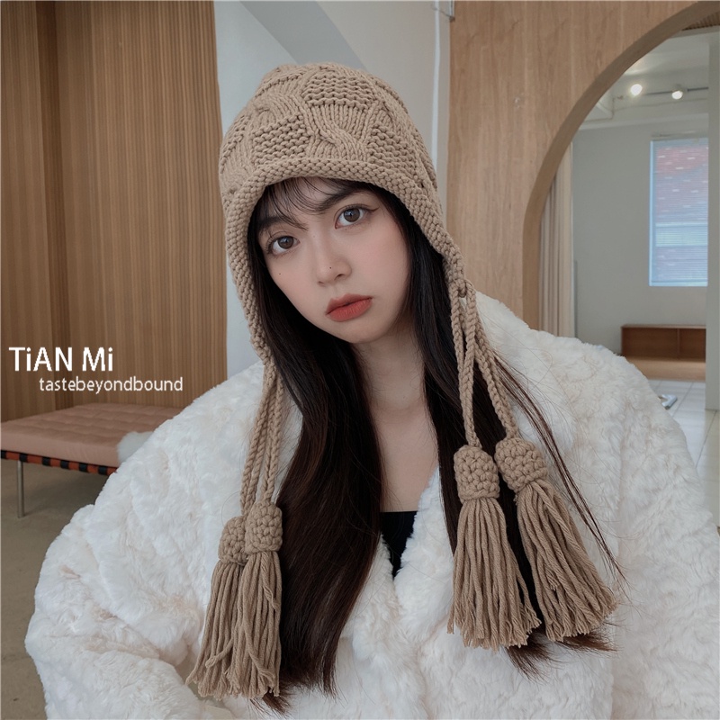 Mũ len dệt kim giữ ấm bảo vệ tai phối tua rua dễ thương thời trang mùa thu cá tính cho học sinh