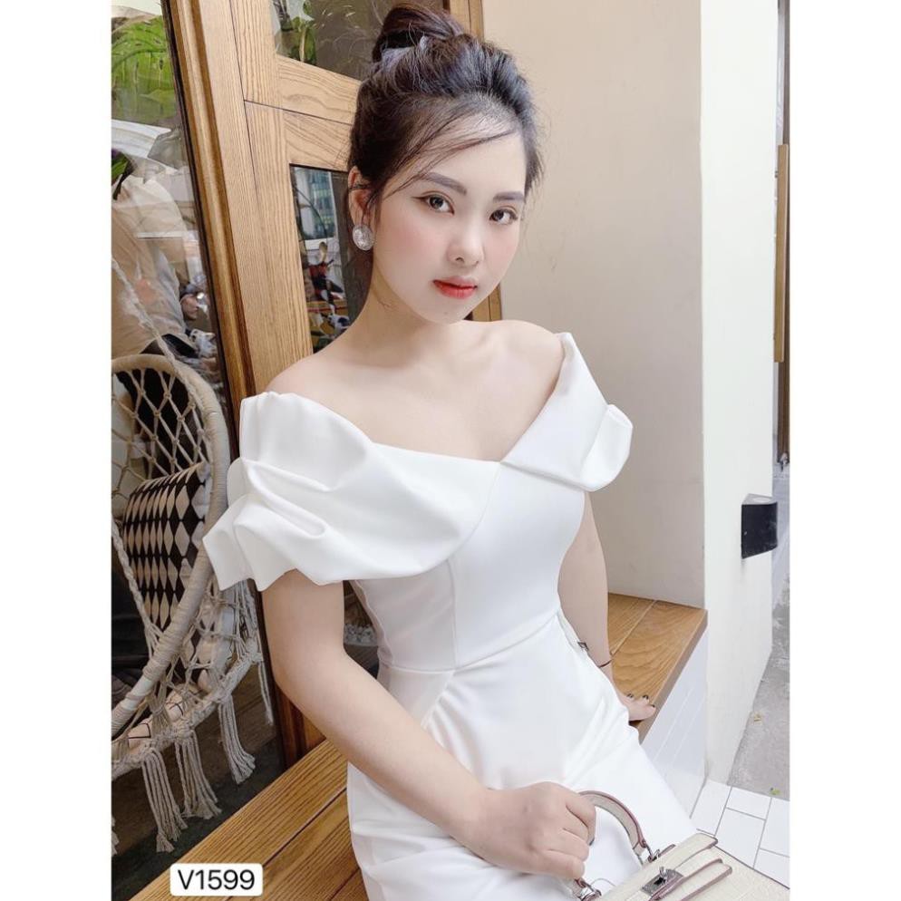 Váy trắng trễ bèo vai V1599 - ĐẸP SHOP DVC ( Ảnh mẫu và ảnh trải sàn do shop tự chụp )