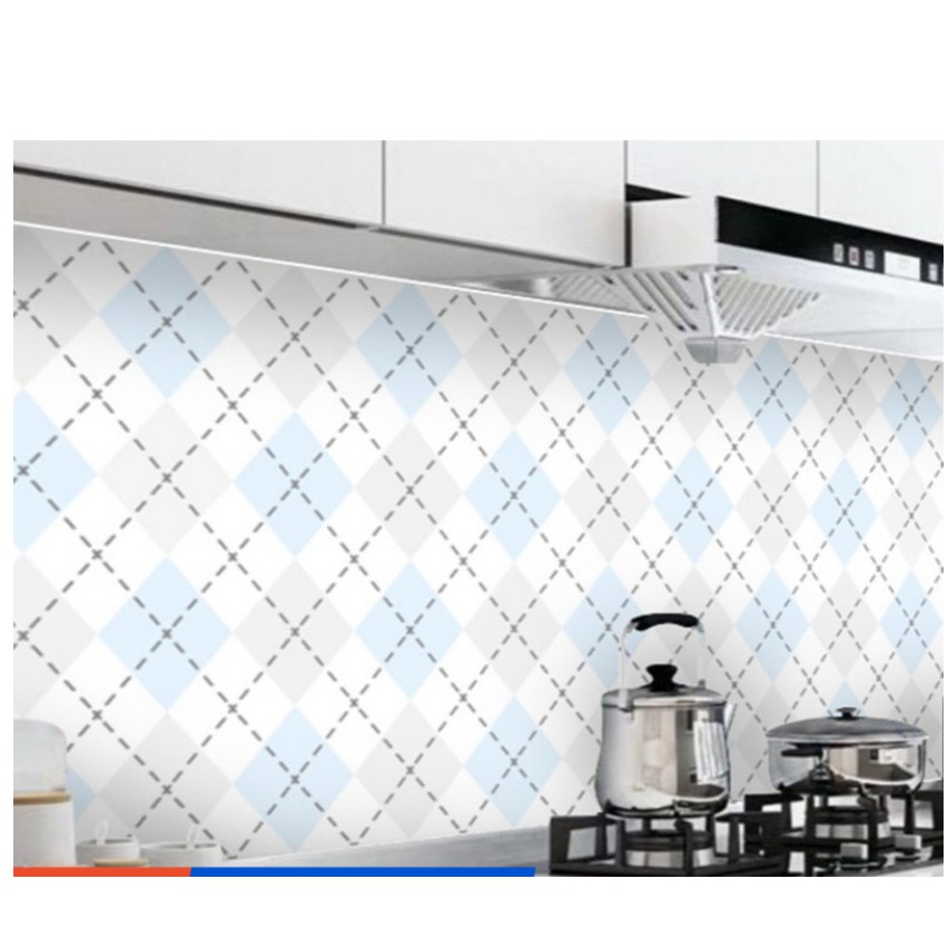 Decal giấy dán bếp tráng nhôm cách nhiệt mẫu ô vuông chéo xanh khổ 60cm