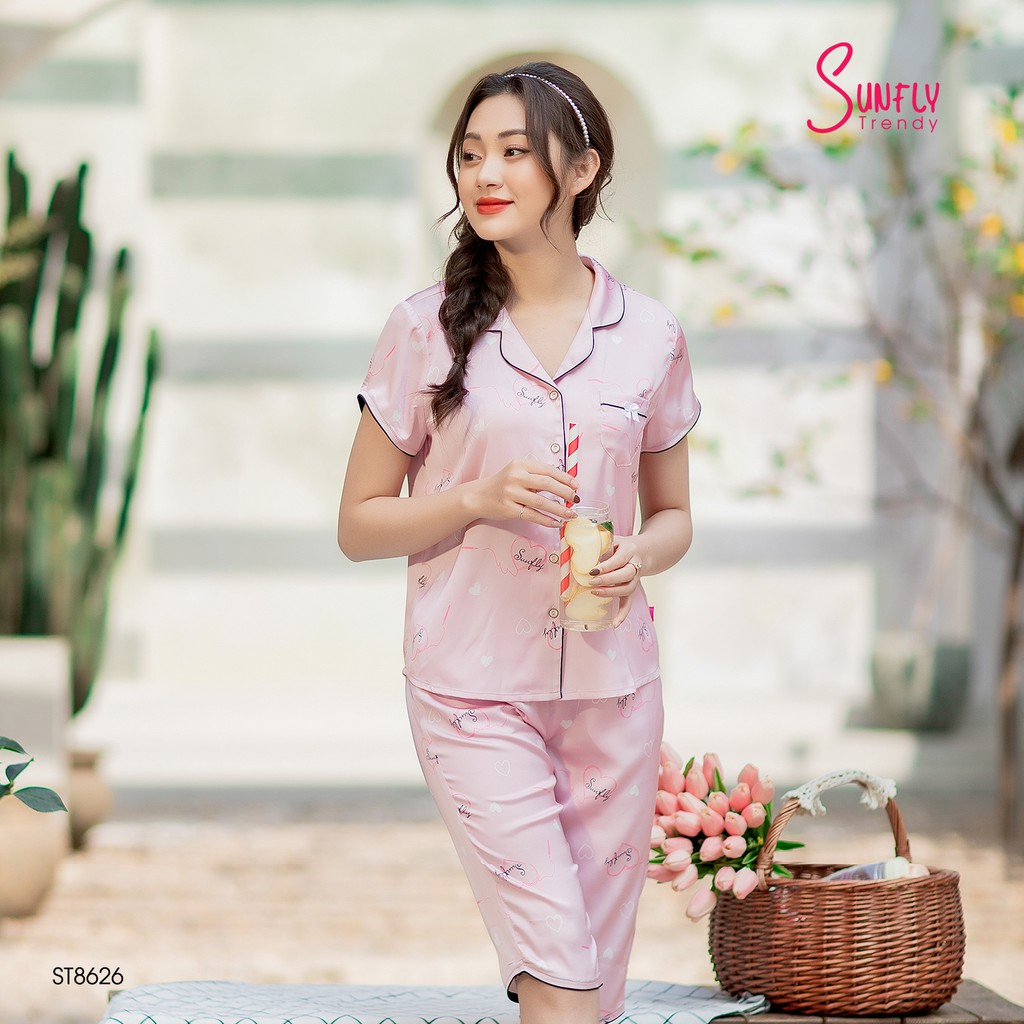 Bộ pijamas Lụa áo cộc quần ngố Sunfly ST8626