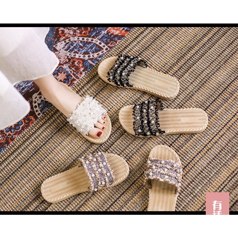 Dép quai ngang giả cói đính ngọc chống trơn trượt vintage, đi biển, mang êm, nhẹ, bền, xinh xắn