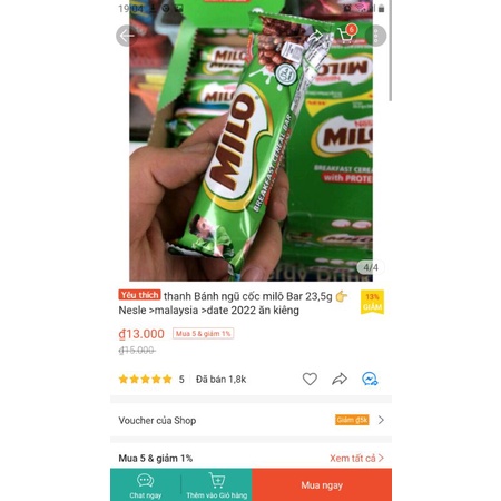 Thanh bánh ngủ cốc milo Bar 23.5g / Nesle'/Malaysia