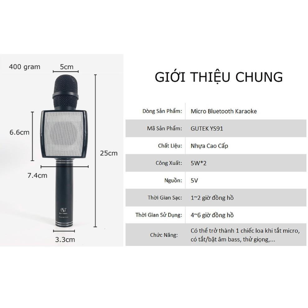 Micro Karaoke Bluetooth Hát Karaoke YS-91 Cực Bắt Giọng, Loa Bass Siêu Hay, Âm Thanh Lớn.