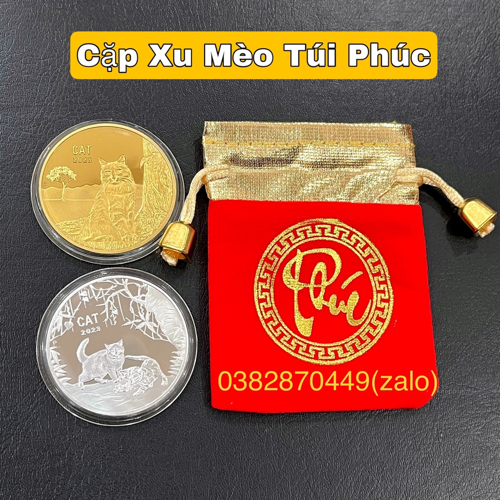 Cặp Đồng Xu Mèo Úc Mạ Vàng Và Mạ Bạc Tặng Túi Gấm Phúc Lộc Quà Tặng Lì Xì Tết 2023 May Mắn Ý Nghĩa