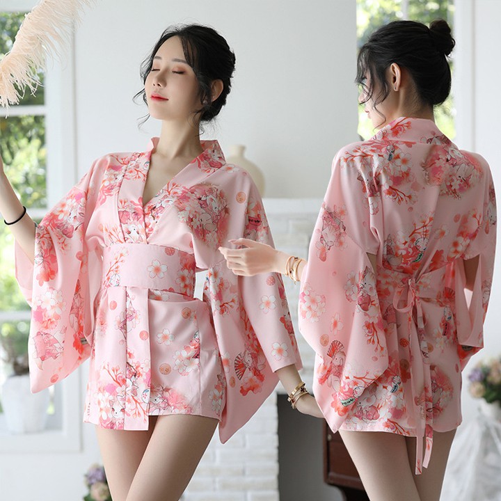 Váy ngủ kimono quyến rũ áo choàng ngủ hoa với màu hồng ngọt ngào