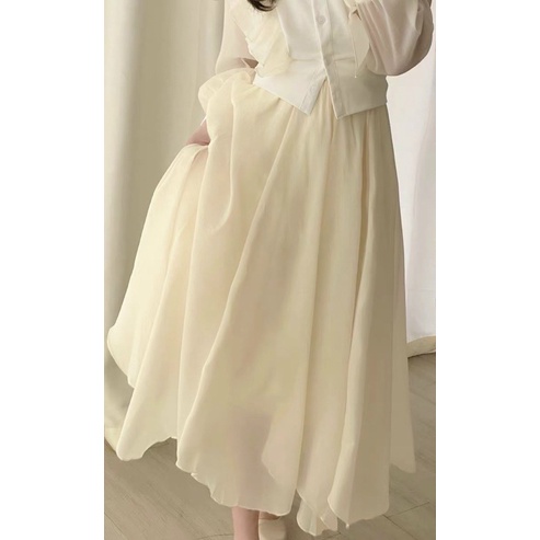 SET ÁO VOAN TƠ BÈO TD  + CHÂN VÁY MIDI NHỌN NUDE