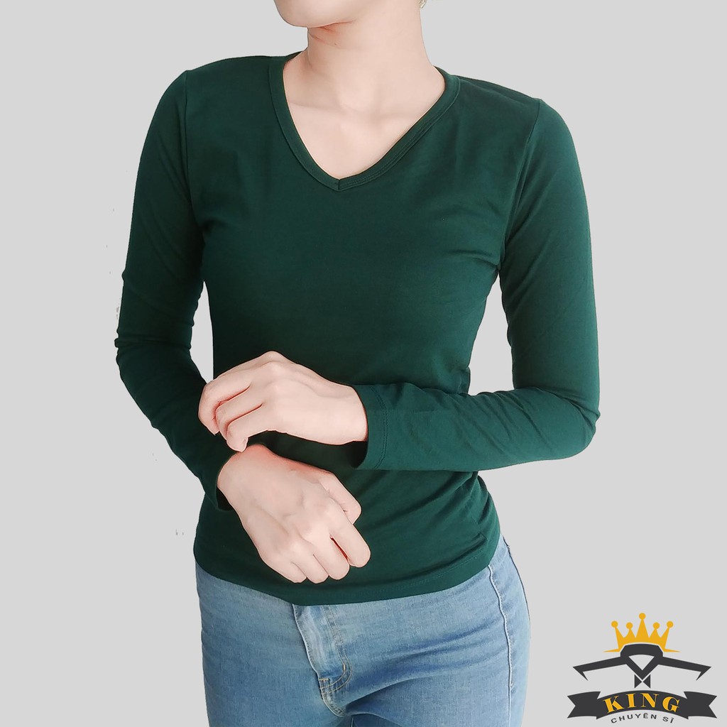 Áo cổ tim, Áo cổ V nữ KING Dáng dài tay, vải cotton co giãn 4 chiều thấm hút mồ hôi tốt form ôm body giá rẻ W06