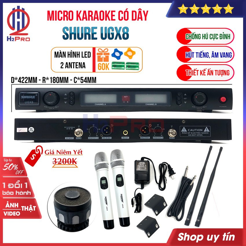 Bộ 02 micro không dây Shure UGX8 2021 H2Pro cao cấp, mic hút, tiếng sáng, chống hú (tặng 2 chống lăn mic 2 đôi pin 60k)