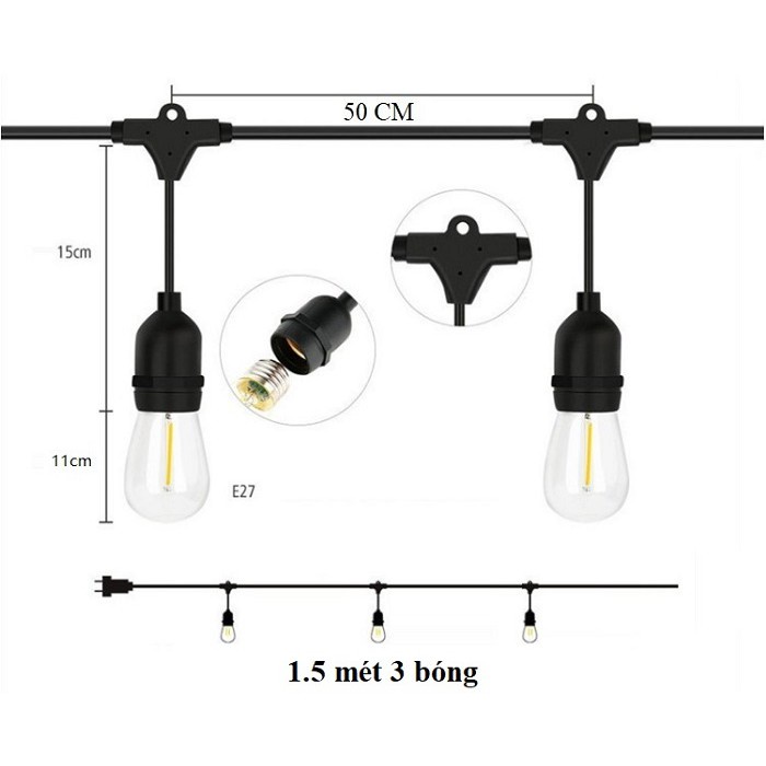 Dây đèn bóng led edison ST64 1.5 mét 3 bóng 4w đèn trang trí
