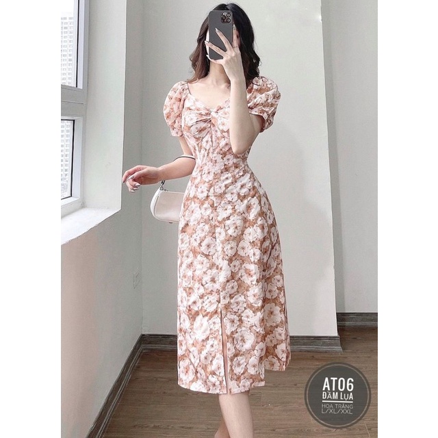 Váy Đầm Nữ , Váy Hoa Đi Biển Bigsize Xoắn Ngực Tay Ngắn Xẻ Đùi Che Khuyết Điểm Cho Người Mập 50.90kg