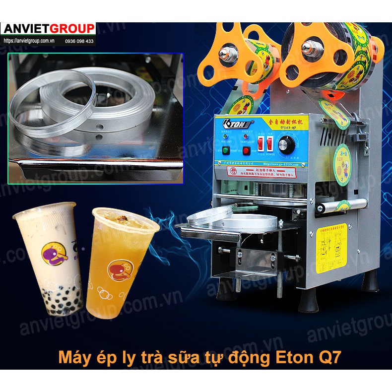 Máy dán ép dập đậy đóng nắp miệng ly cốc trà sữa, trà chanh, cafe, sữa chua, nước ép tự động hoàn toàn Eton Q7