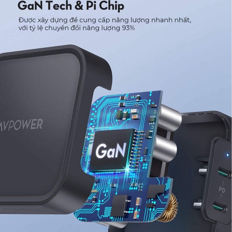 Củ Sạc Siêu Nhanh 90W RAVPower RP-PC128 - 2 Cổng Sạc Type C  - QC 3.0 - GaN - Kèm Cáp C to C 90W