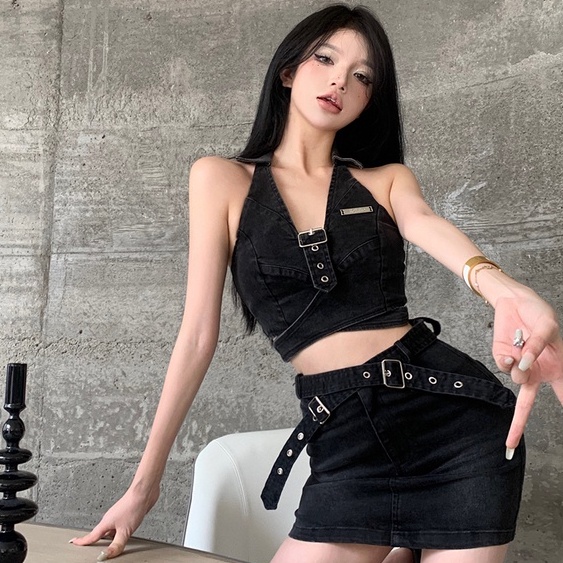Bộ Áo Denim Ngắn Dáng Ôm Co Giãn + Chân Váy Denim Lưng Cao Phong Cách Hàn Quốc Thời Trang Mùa Hè Mới Cho Nữ
