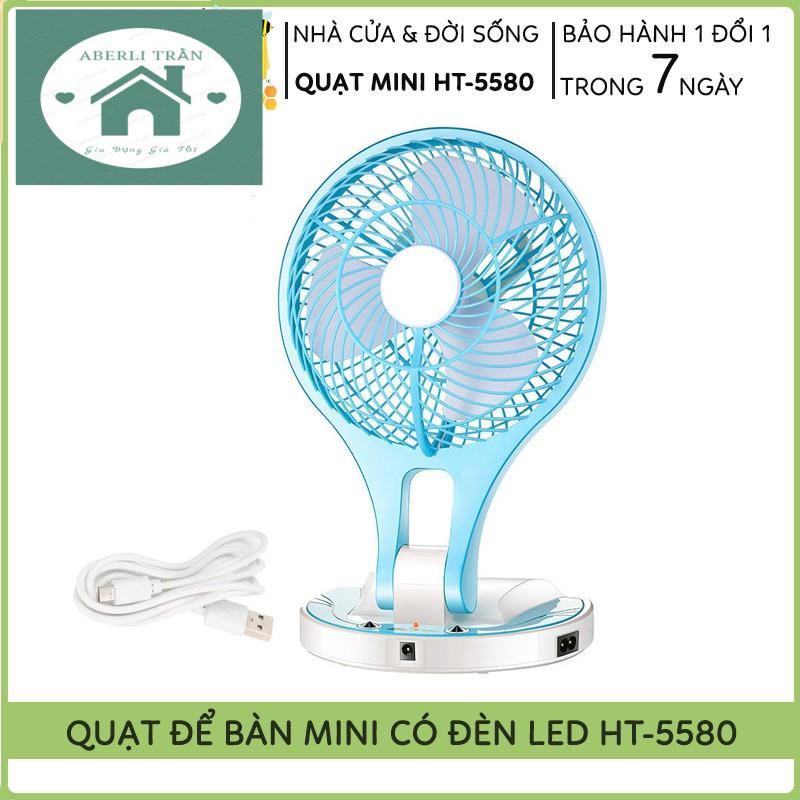 🌦️Bảo Hành 3 Tháng🌦️ Quạt Mini Để Bàn Sạc Tích Điện Kèm Đèn Led Học Fan HT-5580, Mẫu Mới Nhất 2021