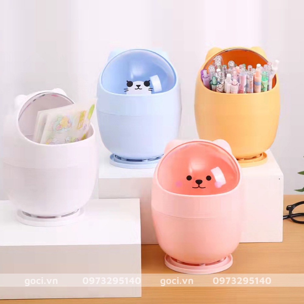 Thùng rác mini có nắp đậy để bàn hình gấu mèo cute   sọt đựng rác thông minh dễ thương văn phòng phẩm