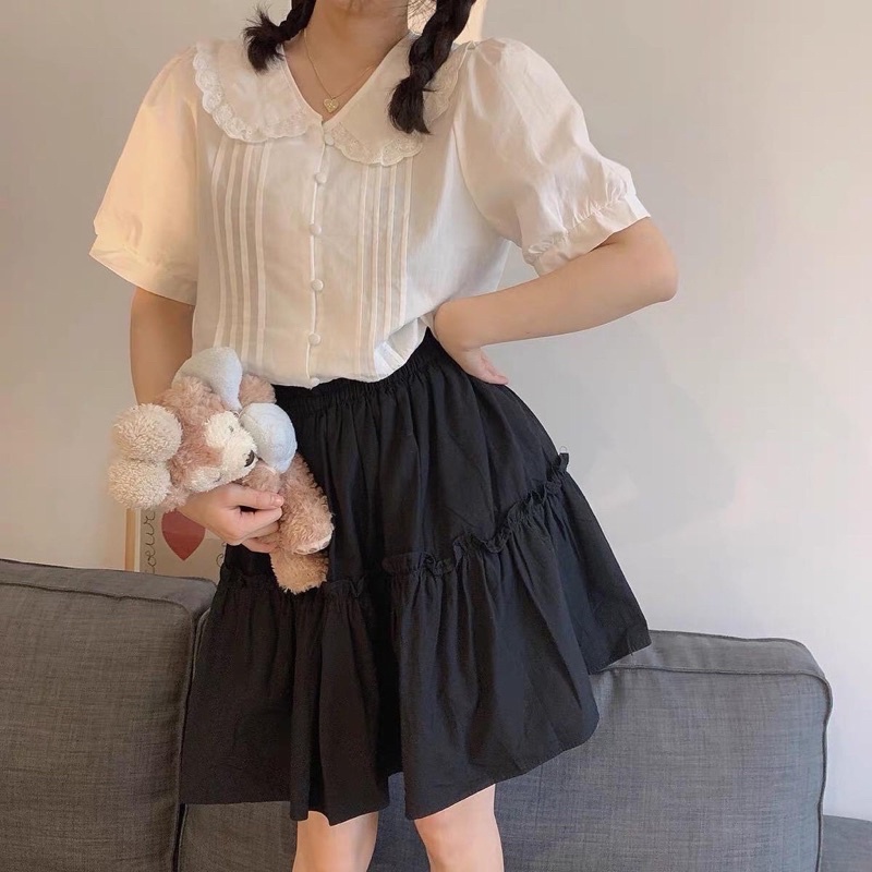 Chân Váy Nữ Xòe Dáng Ngắn 2 Tầng Lưng Cạp Cao Đen Trắng | BigBuy360 - bigbuy360.vn