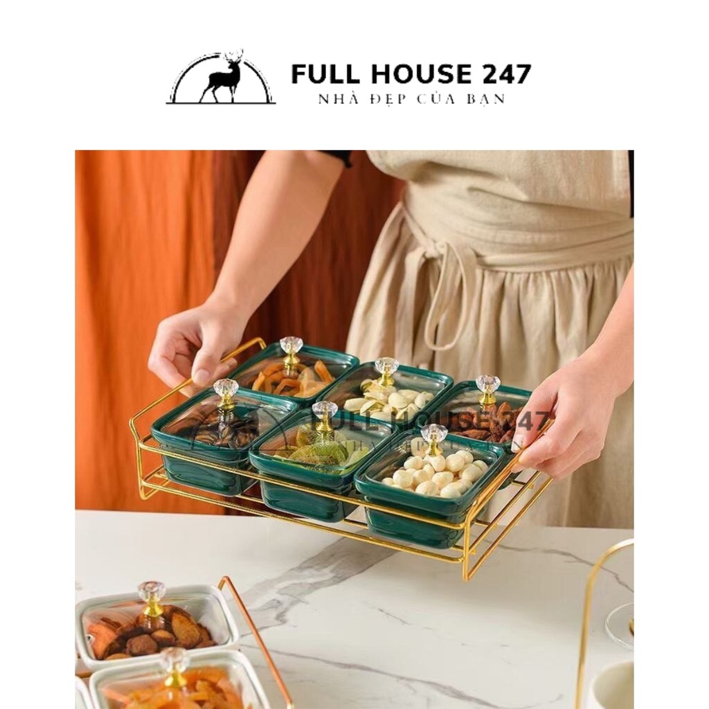 [Fhouse247] Hộp đựng mứt kẹo bằng gốm sứ ( Kèm khay ) phong cách hiện đại nắp thủy tinh sang trọng