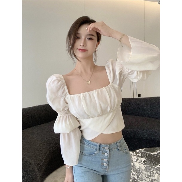 Áo tay phồng cổ vuông cột nơ