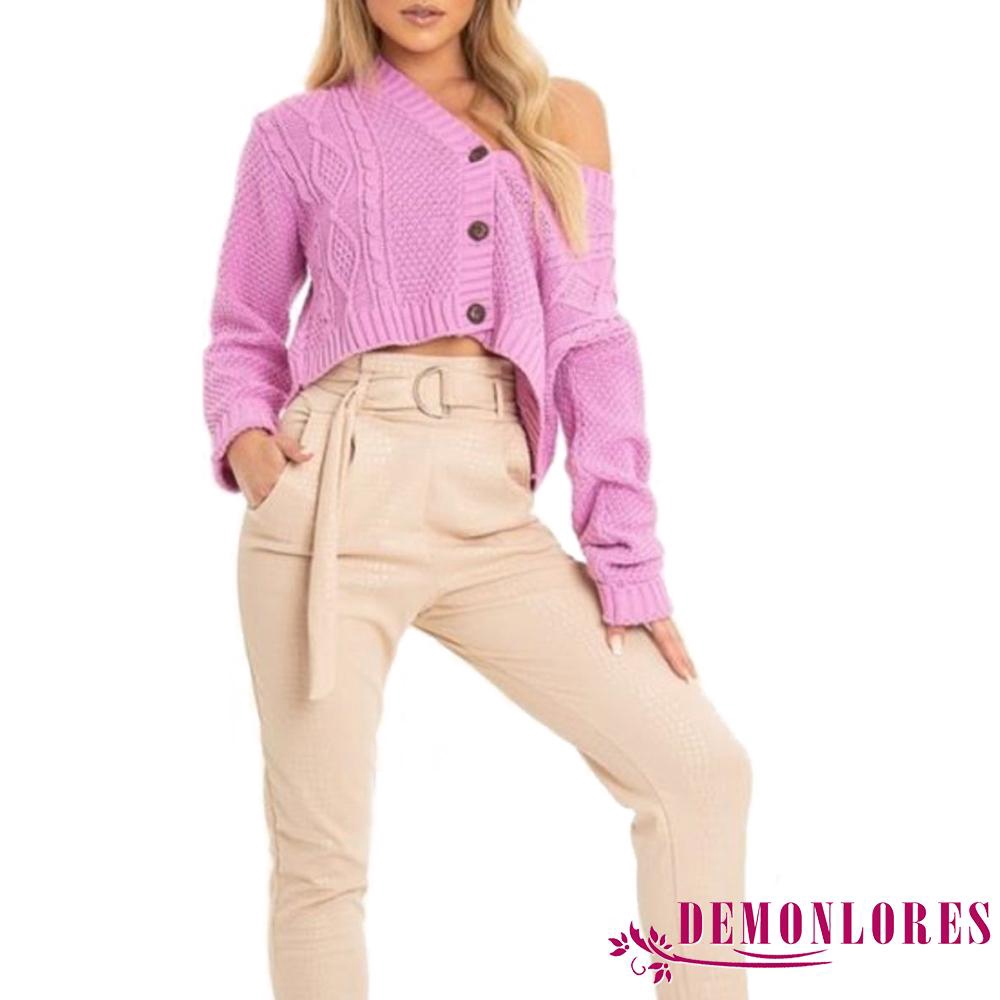 ❀DEM☞Sexy Women V Neck Short Knitted Sweaters Cardigan Open Stitch Long Sleeve Tops