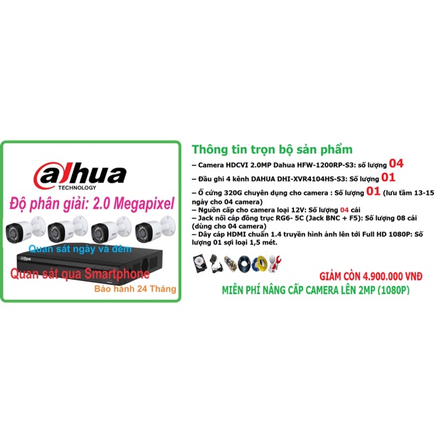 Bộ 4 camera 2.0Mp Dahua HDD 320GB