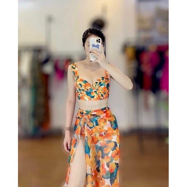 Bikini bộ bơi đồ bơi đi biển nữ set 3 món họa tiết hoa cam kèm khăn voan siêu sang EVA SHOP S3MHC