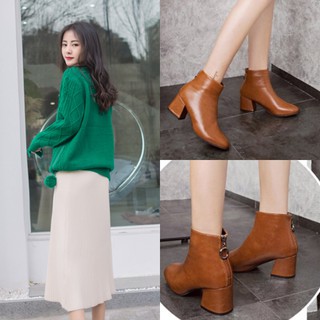 Giày boot cổ ngắn đế vuông màu nâu GBCN-07N
