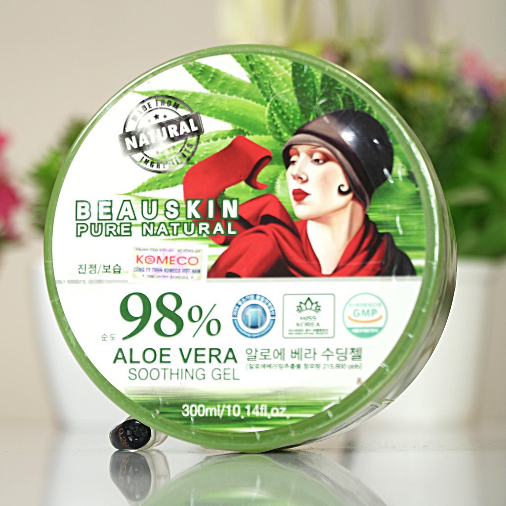 Kem dưỡng da lô hội Aloe Vera Soothing Gel Beauskin  Hàn quốc 300ml/ Hộp Và 1 gói tẩy da chết Apple Beauskin 3ml/gói