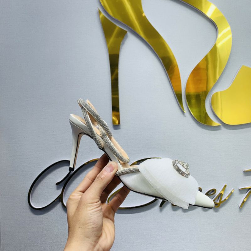 Giày lụa nơ đá voan mix đá nơ to dây đá quấn cổ chân đen trắng