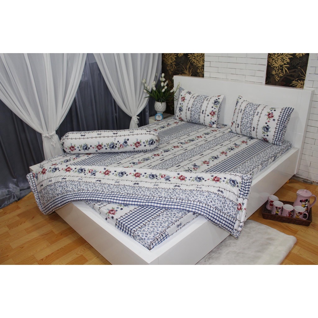 Bộ drap (4 món) vải cotton Thắng Lợi, ga trãi giường chuẩn LOGO (ảnh thật) NƠ XÁM