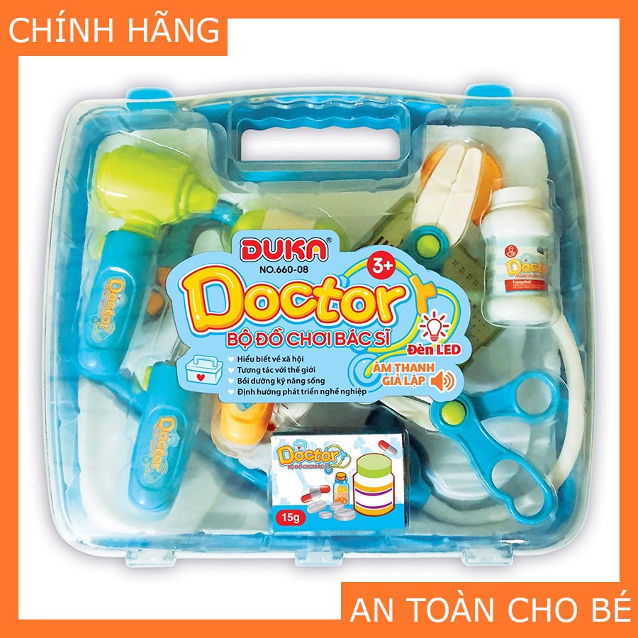 Bộ Đồ Chơi Bác Sĩ DUKA - Màu Xanh Có Đèn Báo - Quai Xách Vuông